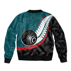 Personalised Aotearoa Lawn Bowls Bomber Jacket Maori and Silver Fern Sporty Style Teal Color - Aussie Hoodie