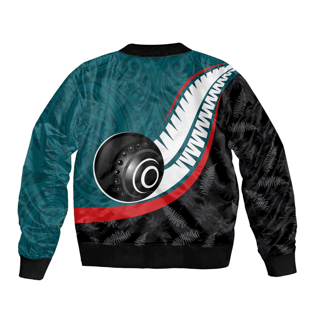 Personalised Aotearoa Lawn Bowls Bomber Jacket Maori and Silver Fern Sporty Style Teal Color - Aussie Hoodie