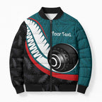 Personalised Aotearoa Lawn Bowls Bomber Puffer Jacket Maori and Silver Fern Sporty Style Teal Color - Aussie Hoodie