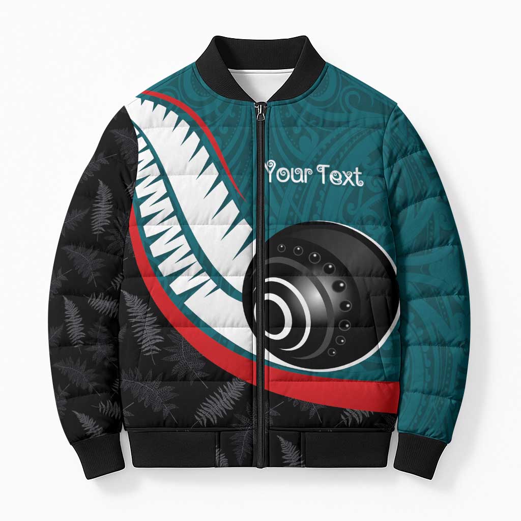 Personalised Aotearoa Lawn Bowls Bomber Puffer Jacket Maori and Silver Fern Sporty Style Teal Color - Aussie Hoodie
