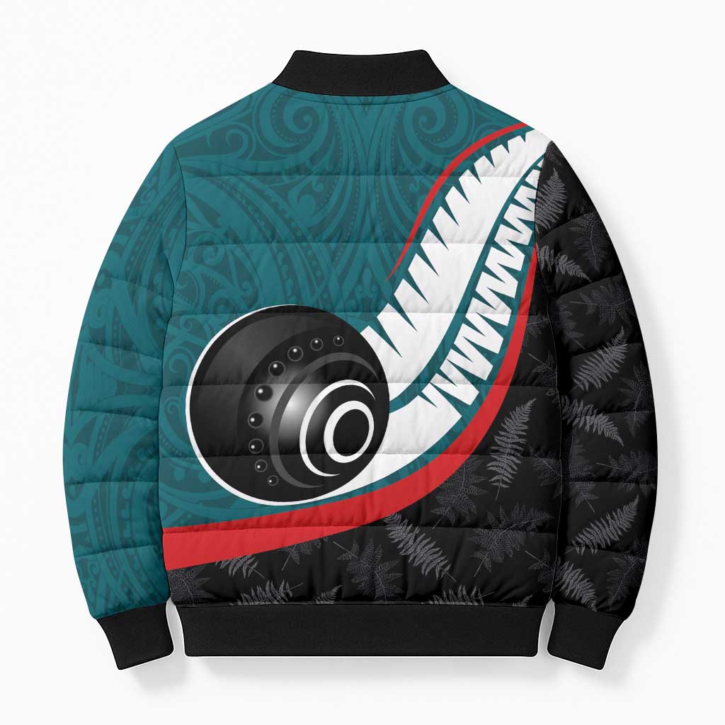 Personalised Aotearoa Lawn Bowls Bomber Puffer Jacket Maori and Silver Fern Sporty Style Teal Color - Aussie Hoodie