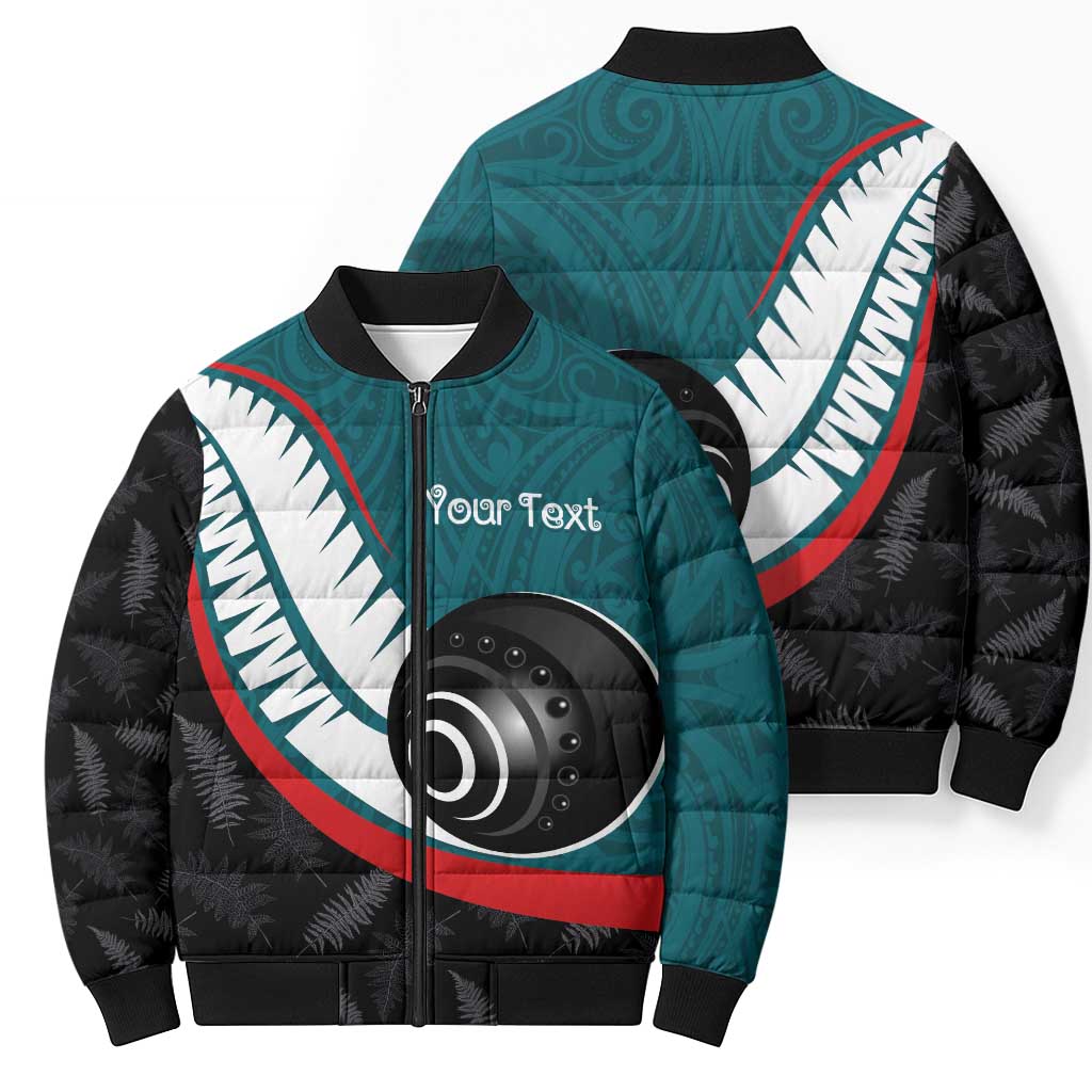 Personalised Aotearoa Lawn Bowls Bomber Puffer Jacket Maori and Silver Fern Sporty Style Teal Color - Aussie Hoodie