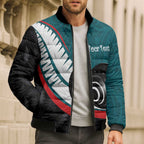 Personalised Aotearoa Lawn Bowls Bomber Puffer Jacket Maori and Silver Fern Sporty Style Teal Color - Aussie Hoodie