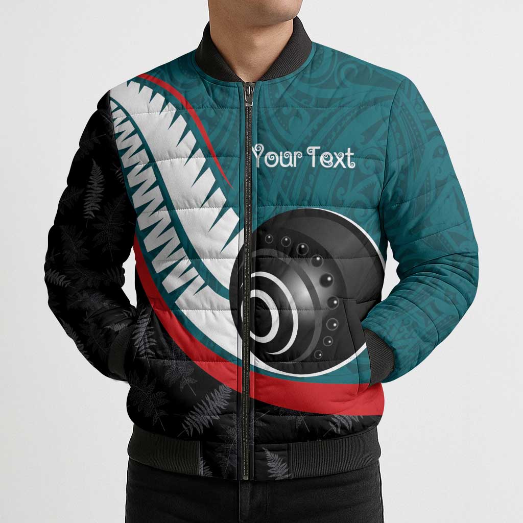 Personalised Aotearoa Lawn Bowls Bomber Puffer Jacket Maori and Silver Fern Sporty Style Teal Color - Aussie Hoodie
