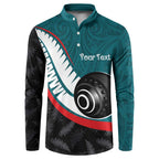 Personalised Aotearoa Lawn Bowls Button Sweatshirt Maori and Silver Fern Sporty Style Teal Color - Aussie Hoodie