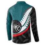 Personalised Aotearoa Lawn Bowls Button Sweatshirt Maori and Silver Fern Sporty Style Teal Color - Aussie Hoodie