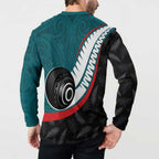 Personalised Aotearoa Lawn Bowls Button Sweatshirt Maori and Silver Fern Sporty Style Teal Color - Aussie Hoodie
