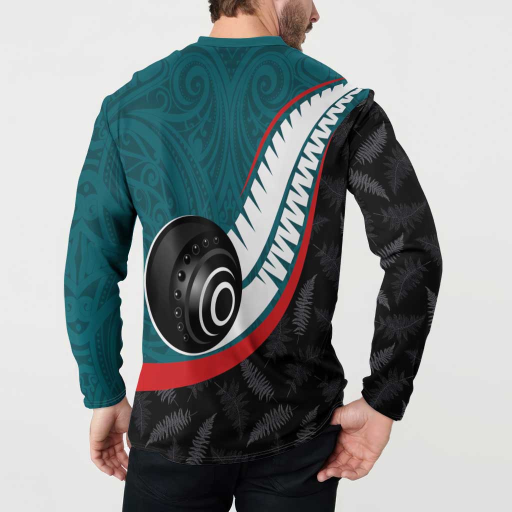 Personalised Aotearoa Lawn Bowls Button Sweatshirt Maori and Silver Fern Sporty Style Teal Color - Aussie Hoodie