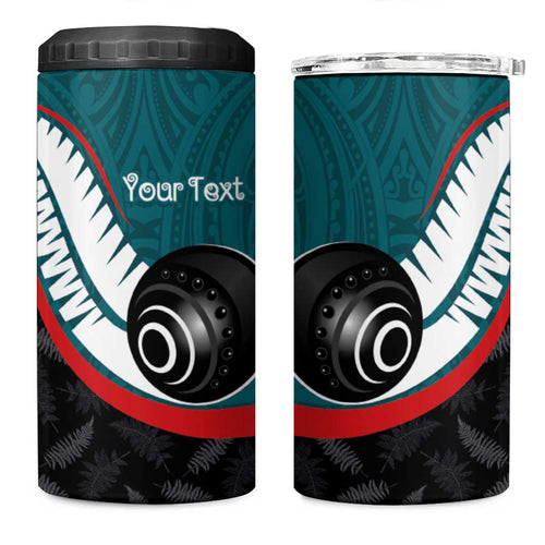 Personalised Aotearoa Lawn Bowls 4 in 1 Can Cooler Tumbler Maori and Silver Fern Sporty Style Teal Color - Aussie Hoodie