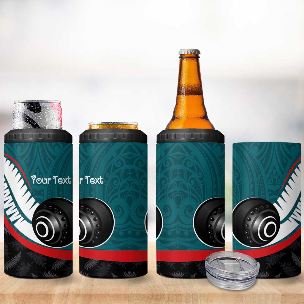 Personalised Aotearoa Lawn Bowls 4 in 1 Can Cooler Tumbler Maori and Silver Fern Sporty Style Teal Color - Aussie Hoodie
