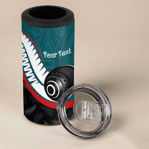 Personalised Aotearoa Lawn Bowls 4 in 1 Can Cooler Tumbler Maori and Silver Fern Sporty Style Teal Color - Aussie Hoodie