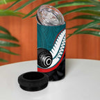 Personalised Aotearoa Lawn Bowls 4 in 1 Can Cooler Tumbler Maori and Silver Fern Sporty Style Teal Color - Aussie Hoodie