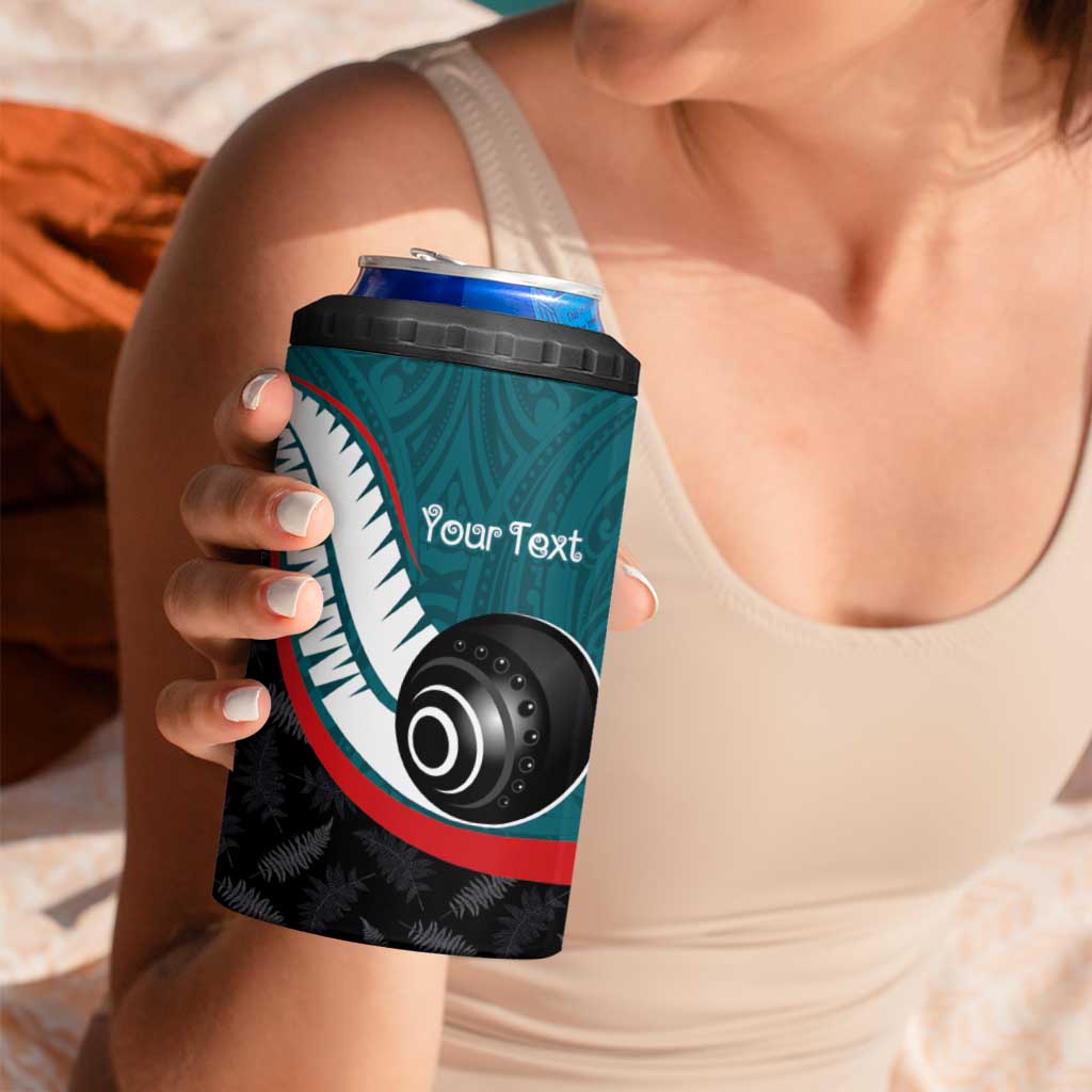 Personalised Aotearoa Lawn Bowls 4 in 1 Can Cooler Tumbler Maori and Silver Fern Sporty Style Teal Color - Aussie Hoodie