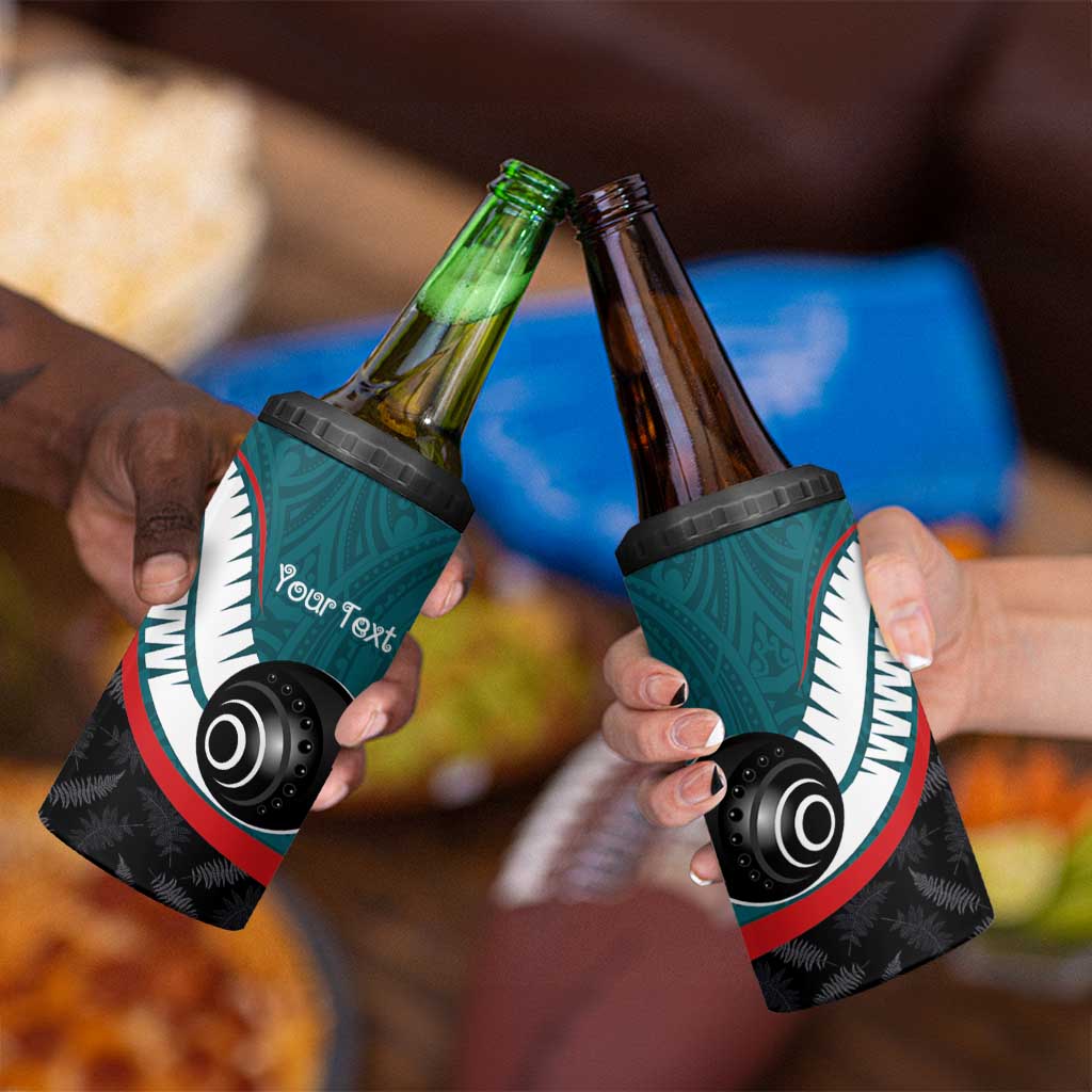 Personalised Aotearoa Lawn Bowls 4 in 1 Can Cooler Tumbler Maori and Silver Fern Sporty Style Teal Color - Aussie Hoodie