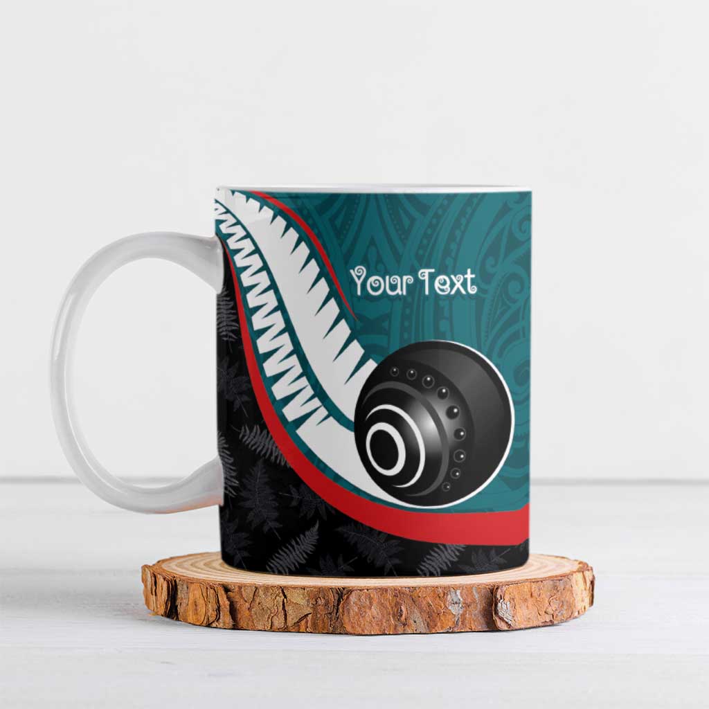Personalised Aotearoa Lawn Bowls Ceramic Mug Maori and Silver Fern Sporty Style Teal Color - Aussie Hoodie