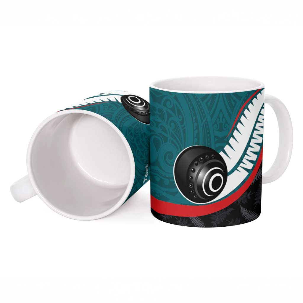 Personalised Aotearoa Lawn Bowls Ceramic Mug Maori and Silver Fern Sporty Style Teal Color - Aussie Hoodie