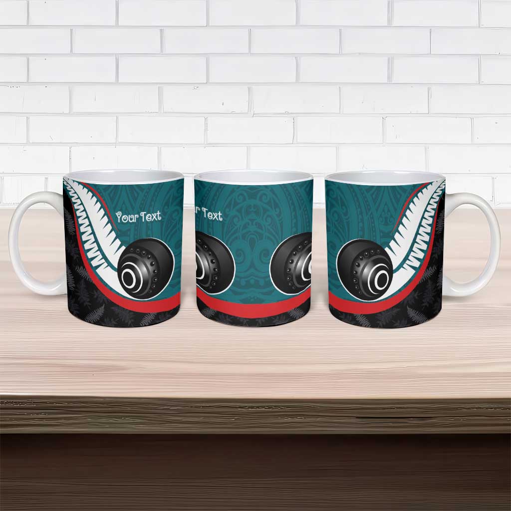 Personalised Aotearoa Lawn Bowls Ceramic Mug Maori and Silver Fern Sporty Style Teal Color - Aussie Hoodie