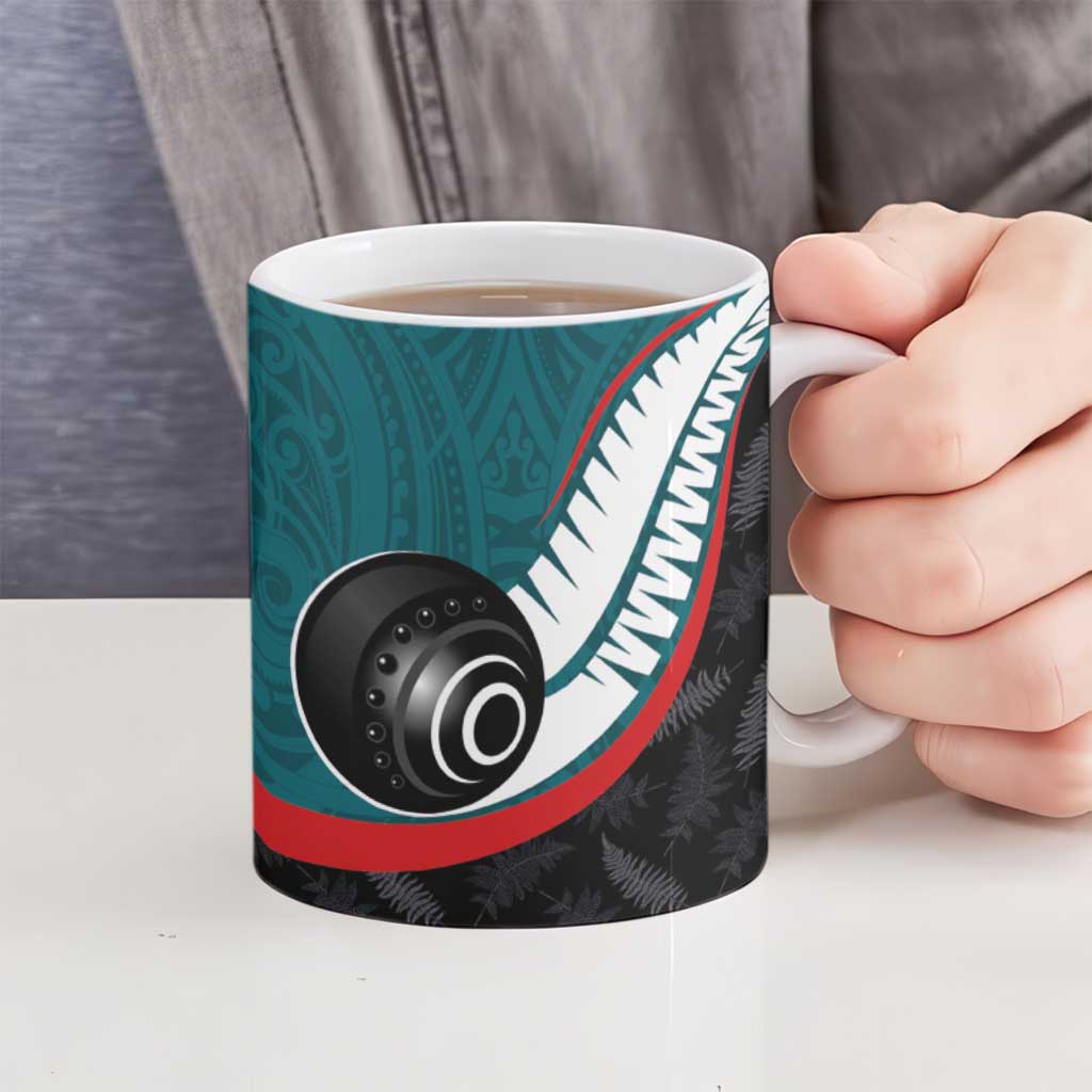 Personalised Aotearoa Lawn Bowls Ceramic Mug Maori and Silver Fern Sporty Style Teal Color - Aussie Hoodie