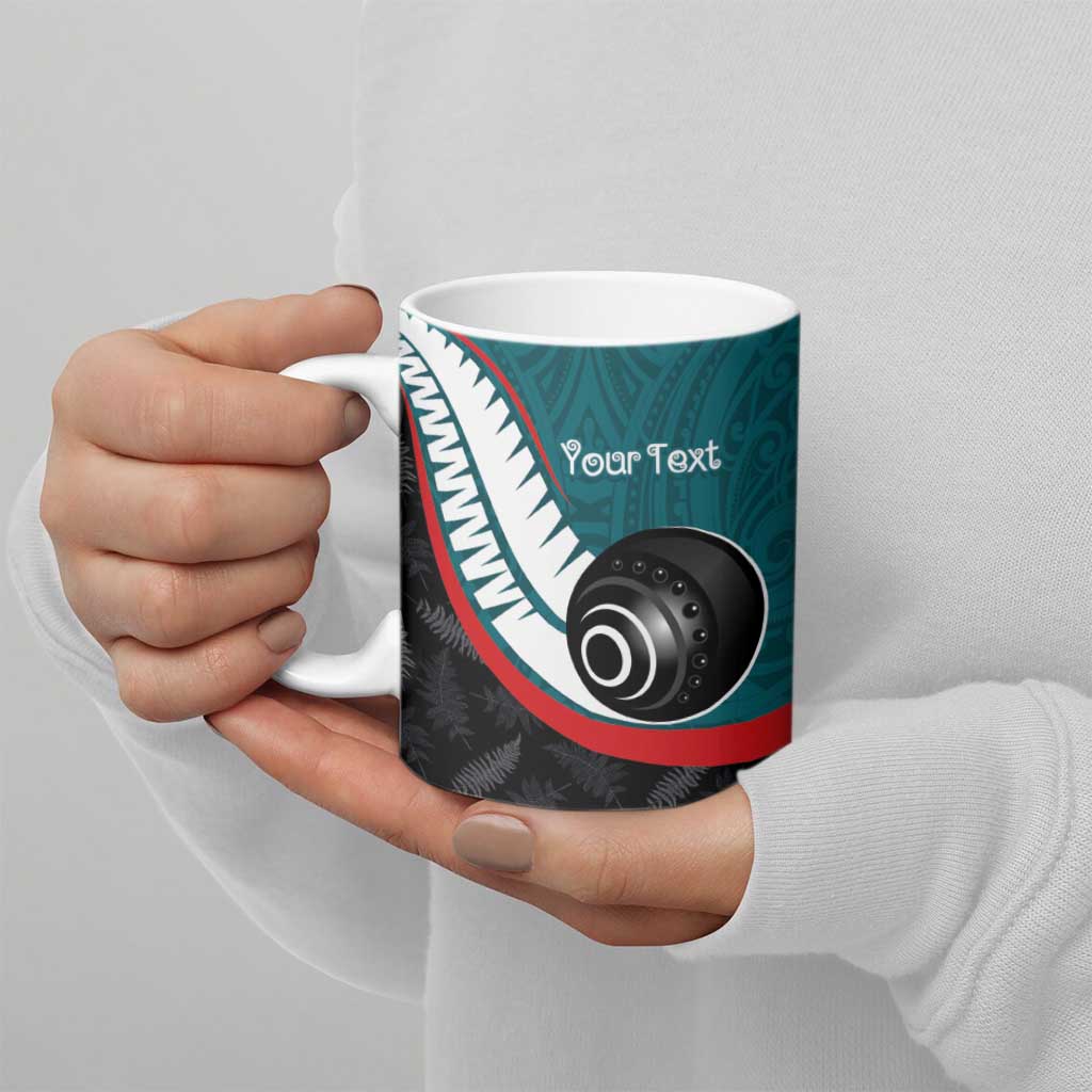 Personalised Aotearoa Lawn Bowls Ceramic Mug Maori and Silver Fern Sporty Style Teal Color - Aussie Hoodie
