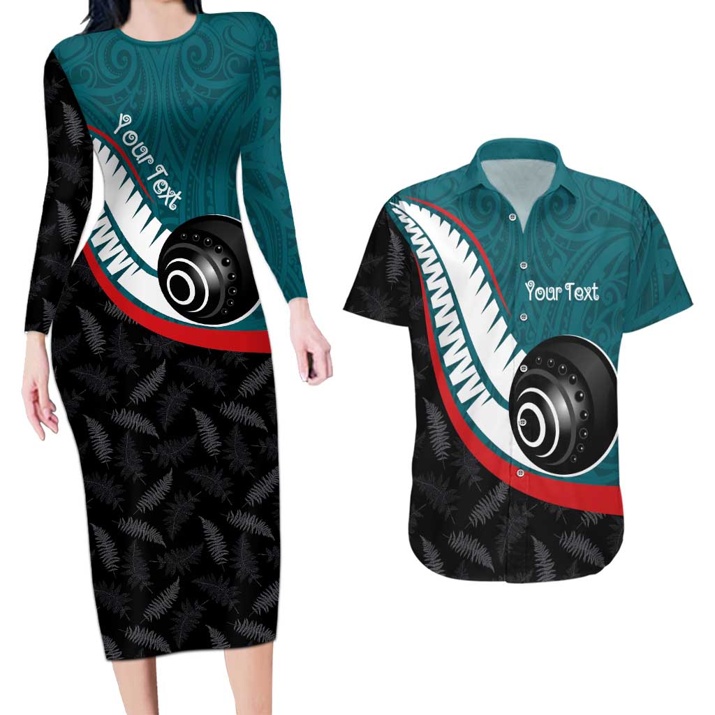 Personalised Aotearoa Lawn Bowls Couples Matching Long Sleeve Bodycon Dress and Hawaiian Shirt Maori and Silver Fern Sporty Style Teal Color - Aussie Hoodie