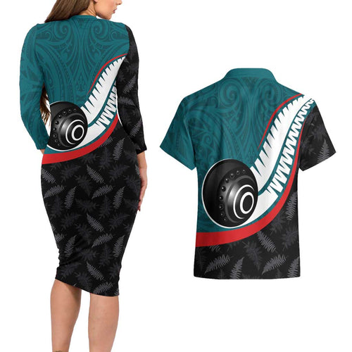 Personalised Aotearoa Lawn Bowls Couples Matching Long Sleeve Bodycon Dress and Hawaiian Shirt Maori and Silver Fern Sporty Style Teal Color - Aussie Hoodie