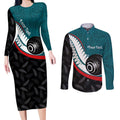 Personalised Aotearoa Lawn Bowls Couples Matching Long Sleeve Bodycon Dress and Long Sleeve Button Shirt Maori and Silver Fern Sporty Style Teal Color - Aussie Hoodie