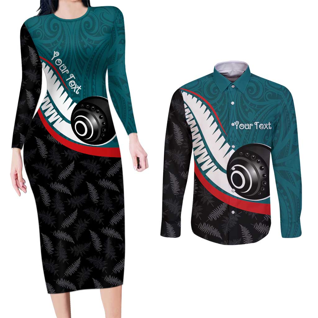 Personalised Aotearoa Lawn Bowls Couples Matching Long Sleeve Bodycon Dress and Long Sleeve Button Shirt Maori and Silver Fern Sporty Style Teal Color - Aussie Hoodie