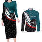 Personalised Aotearoa Lawn Bowls Couples Matching Long Sleeve Bodycon Dress and Long Sleeve Button Shirt Maori and Silver Fern Sporty Style Teal Color - Aussie Hoodie