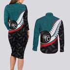 Personalised Aotearoa Lawn Bowls Couples Matching Long Sleeve Bodycon Dress and Long Sleeve Button Shirt Maori and Silver Fern Sporty Style Teal Color - Aussie Hoodie