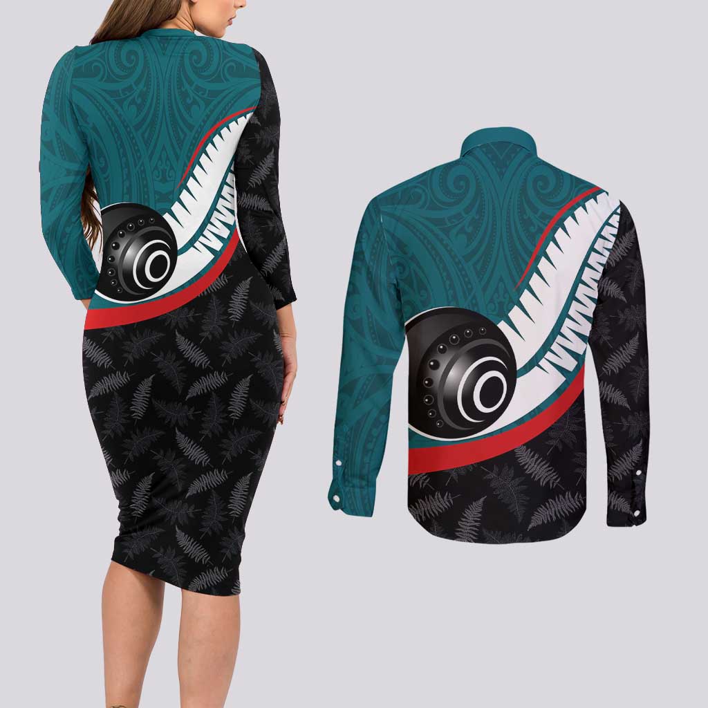 Personalised Aotearoa Lawn Bowls Couples Matching Long Sleeve Bodycon Dress and Long Sleeve Button Shirt Maori and Silver Fern Sporty Style Teal Color - Aussie Hoodie