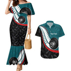 Personalised Aotearoa Lawn Bowls Couples Matching Mermaid Dress and Hawaiian Shirt Maori and Silver Fern Sporty Style Teal Color - Aussie Hoodie