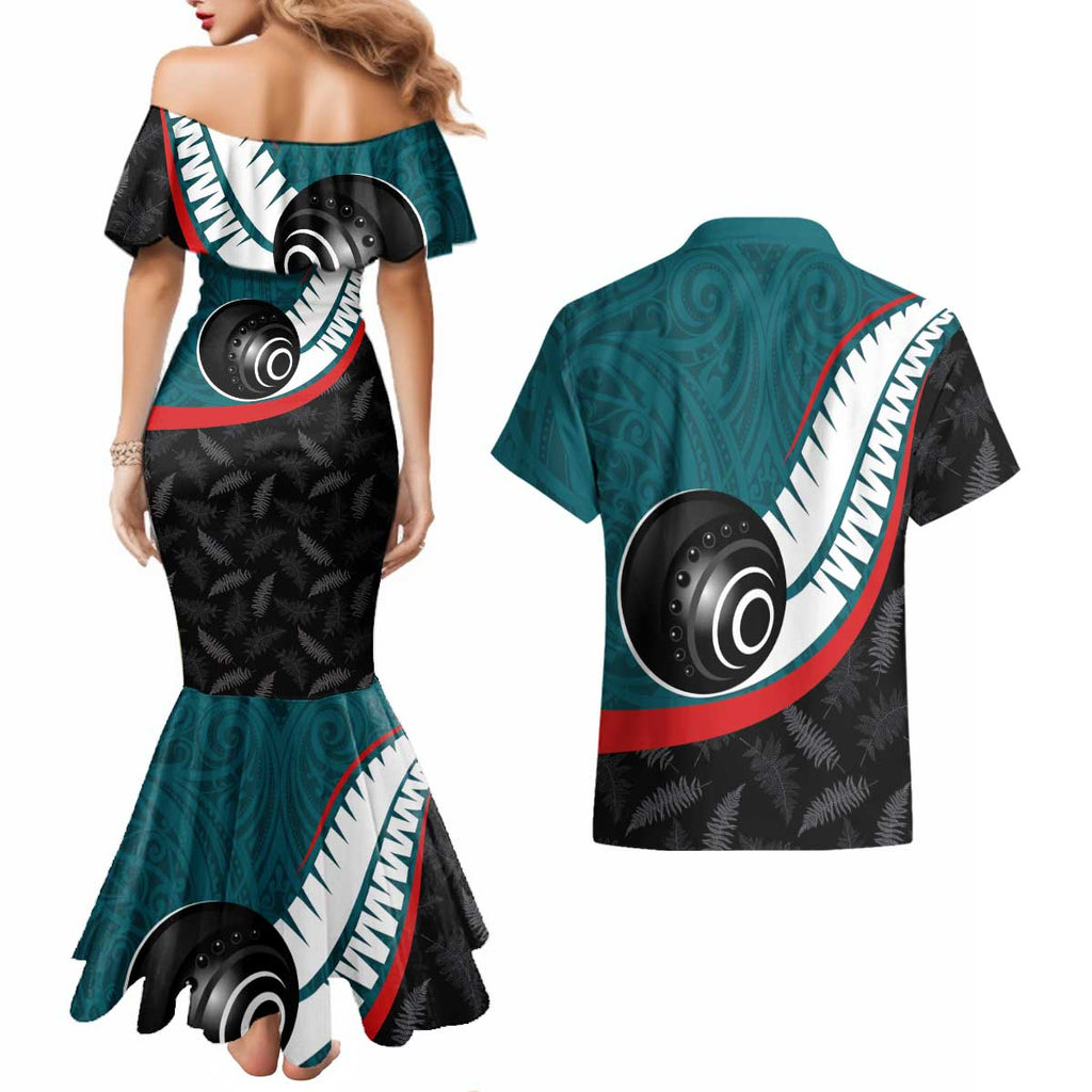 Personalised Aotearoa Lawn Bowls Couples Matching Mermaid Dress and Hawaiian Shirt Maori and Silver Fern Sporty Style Teal Color - Aussie Hoodie