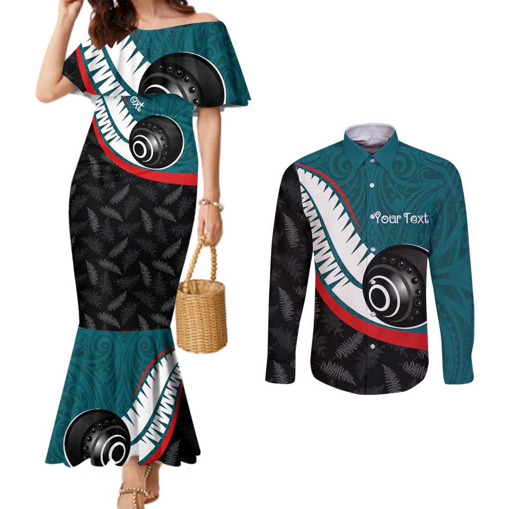 Personalised Aotearoa Lawn Bowls Couples Matching Mermaid Dress and Long Sleeve Button Shirt Maori and Silver Fern Sporty Style Teal Color - Aussie Hoodie
