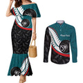 Personalised Aotearoa Lawn Bowls Couples Matching Mermaid Dress and Long Sleeve Button Shirt Maori and Silver Fern Sporty Style Teal Color - Aussie Hoodie