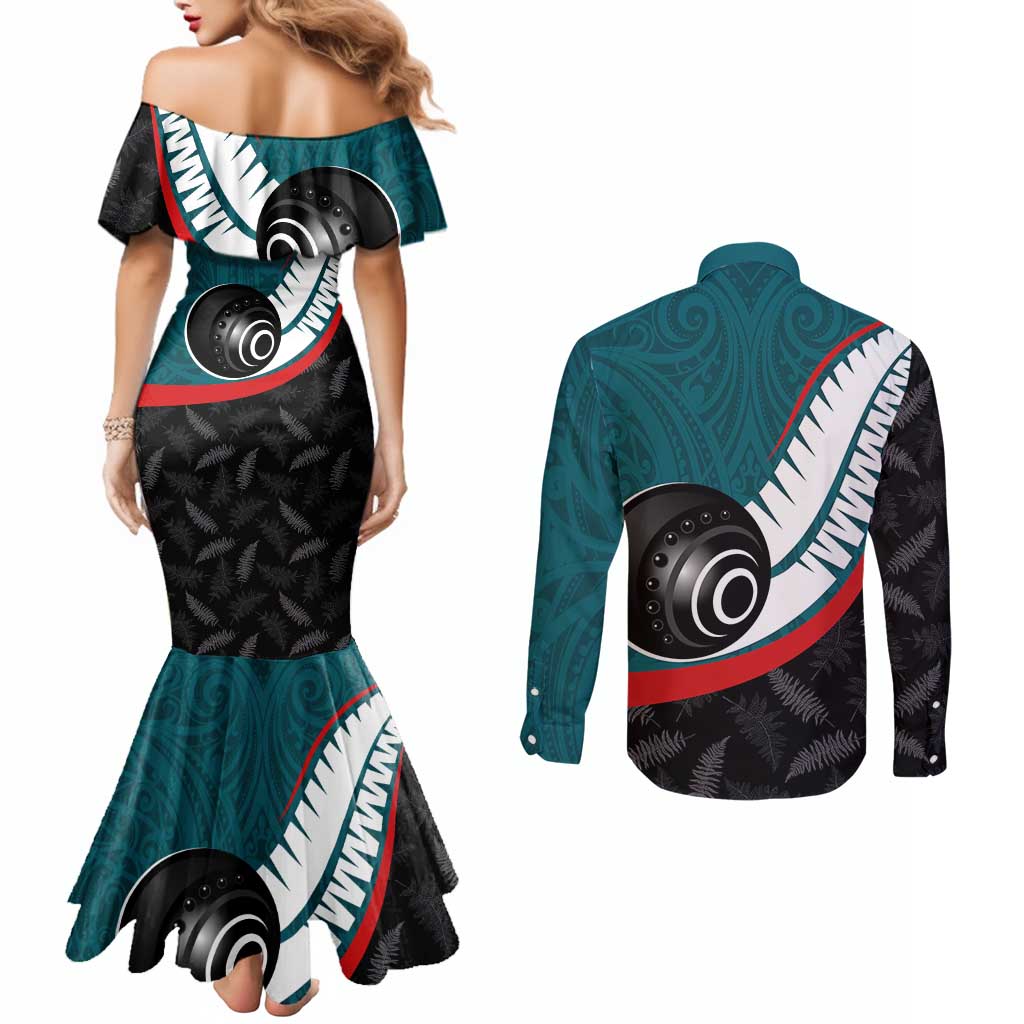 Personalised Aotearoa Lawn Bowls Couples Matching Mermaid Dress and Long Sleeve Button Shirt Maori and Silver Fern Sporty Style Teal Color - Aussie Hoodie