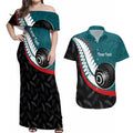 Personalised Aotearoa Lawn Bowls Couples Matching Off Shoulder Maxi Dress and Hawaiian Shirt Maori and Silver Fern Sporty Style Teal Color - Aussie Hoodie