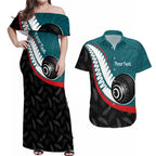 Personalised Aotearoa Lawn Bowls Couples Matching Off Shoulder Maxi Dress and Hawaiian Shirt Maori and Silver Fern Sporty Style Teal Color - Aussie Hoodie