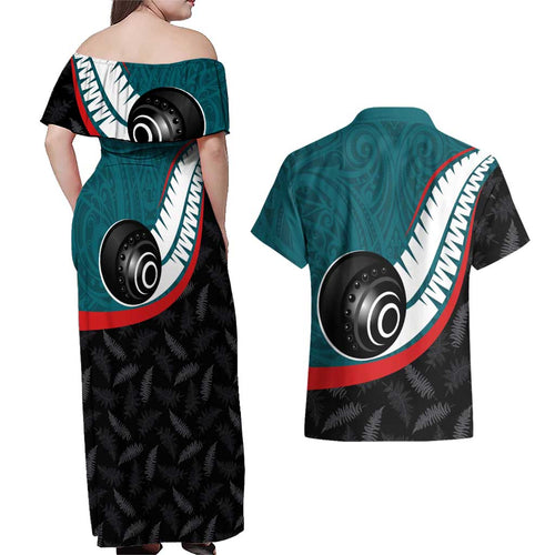 Personalised Aotearoa Lawn Bowls Couples Matching Off Shoulder Maxi Dress and Hawaiian Shirt Maori and Silver Fern Sporty Style Teal Color - Aussie Hoodie