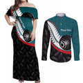 Personalised Aotearoa Lawn Bowls Couples Matching Off Shoulder Maxi Dress and Long Sleeve Button Shirt Maori and Silver Fern Sporty Style Teal Color - Aussie Hoodie
