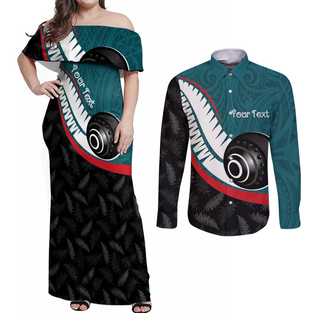 Personalised Aotearoa Lawn Bowls Couples Matching Off Shoulder Maxi Dress and Long Sleeve Button Shirt Maori and Silver Fern Sporty Style Teal Color - Aussie Hoodie