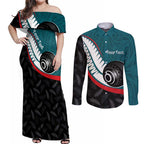 Personalised Aotearoa Lawn Bowls Couples Matching Off Shoulder Maxi Dress and Long Sleeve Button Shirt Maori and Silver Fern Sporty Style Teal Color - Aussie Hoodie