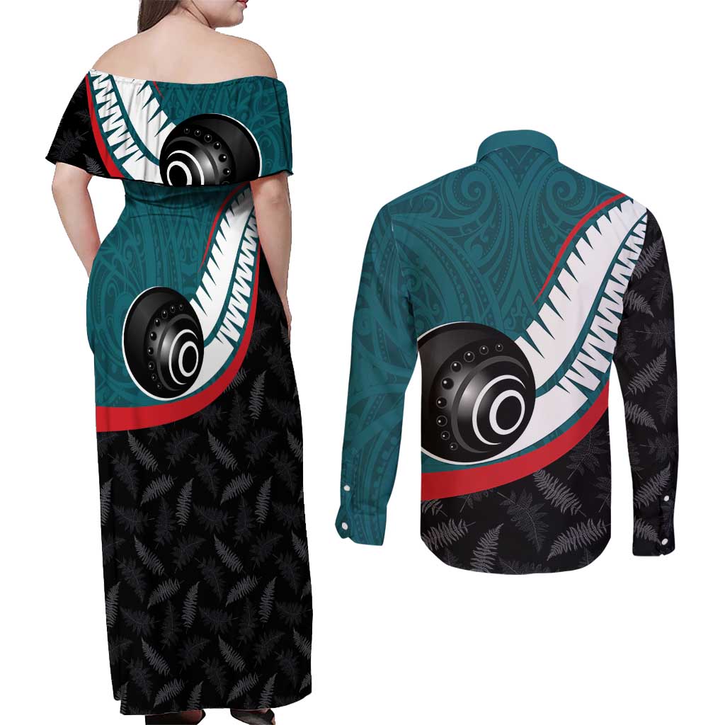 Personalised Aotearoa Lawn Bowls Couples Matching Off Shoulder Maxi Dress and Long Sleeve Button Shirt Maori and Silver Fern Sporty Style Teal Color - Aussie Hoodie