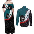 Personalised Aotearoa Lawn Bowls Couples Matching Off Shoulder Maxi Dress and Long Sleeve Button Shirt Maori and Silver Fern Sporty Style Teal Color - Aussie Hoodie