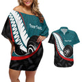 Personalised Aotearoa Lawn Bowls Couples Matching Off Shoulder Short Dress and Hawaiian Shirt Maori and Silver Fern Sporty Style Teal Color - Aussie Hoodie