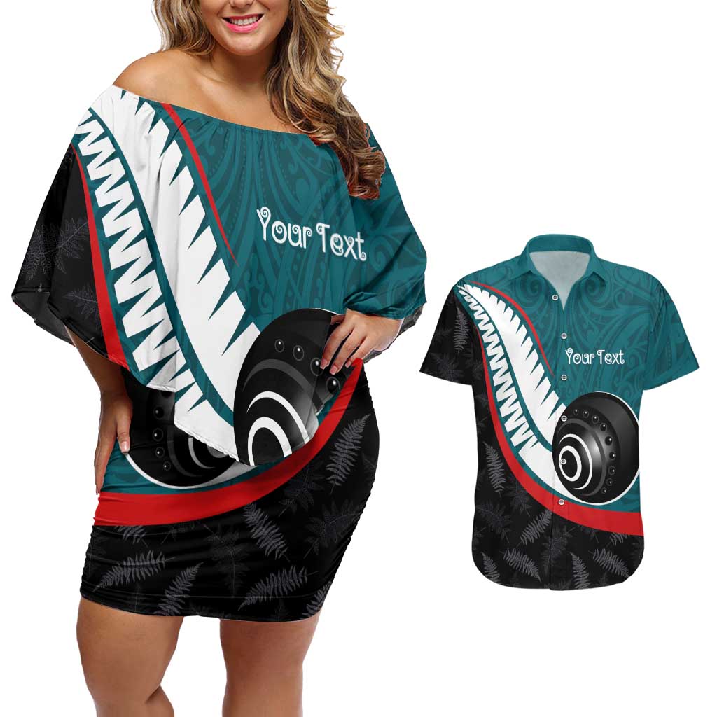 Personalised Aotearoa Lawn Bowls Couples Matching Off Shoulder Short Dress and Hawaiian Shirt Maori and Silver Fern Sporty Style Teal Color - Aussie Hoodie