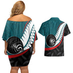 Personalised Aotearoa Lawn Bowls Couples Matching Off Shoulder Short Dress and Hawaiian Shirt Maori and Silver Fern Sporty Style Teal Color - Aussie Hoodie