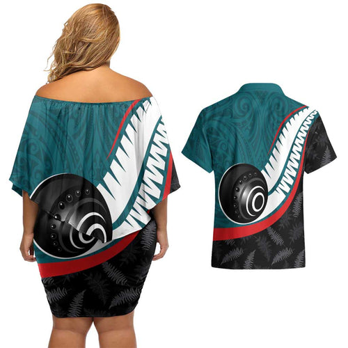 Personalised Aotearoa Lawn Bowls Couples Matching Off Shoulder Short Dress and Hawaiian Shirt Maori and Silver Fern Sporty Style Teal Color - Aussie Hoodie