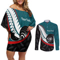 Personalised Aotearoa Lawn Bowls Couples Matching Off Shoulder Short Dress and Long Sleeve Button Shirt Maori and Silver Fern Sporty Style Teal Color - Aussie Hoodie