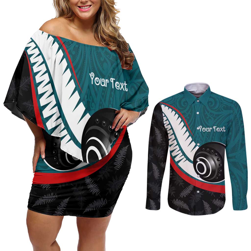 Personalised Aotearoa Lawn Bowls Couples Matching Off Shoulder Short Dress and Long Sleeve Button Shirt Maori and Silver Fern Sporty Style Teal Color - Aussie Hoodie