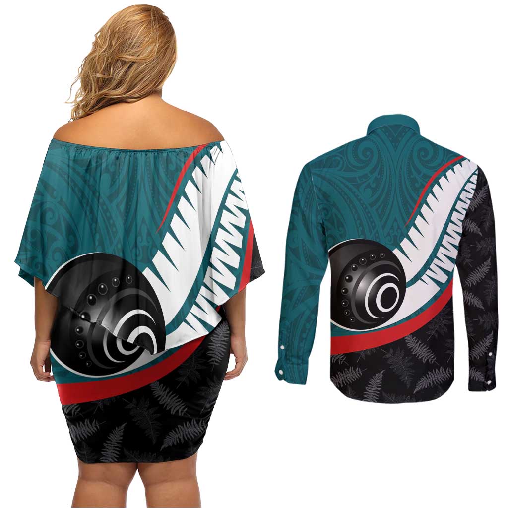 Personalised Aotearoa Lawn Bowls Couples Matching Off Shoulder Short Dress and Long Sleeve Button Shirt Maori and Silver Fern Sporty Style Teal Color - Aussie Hoodie